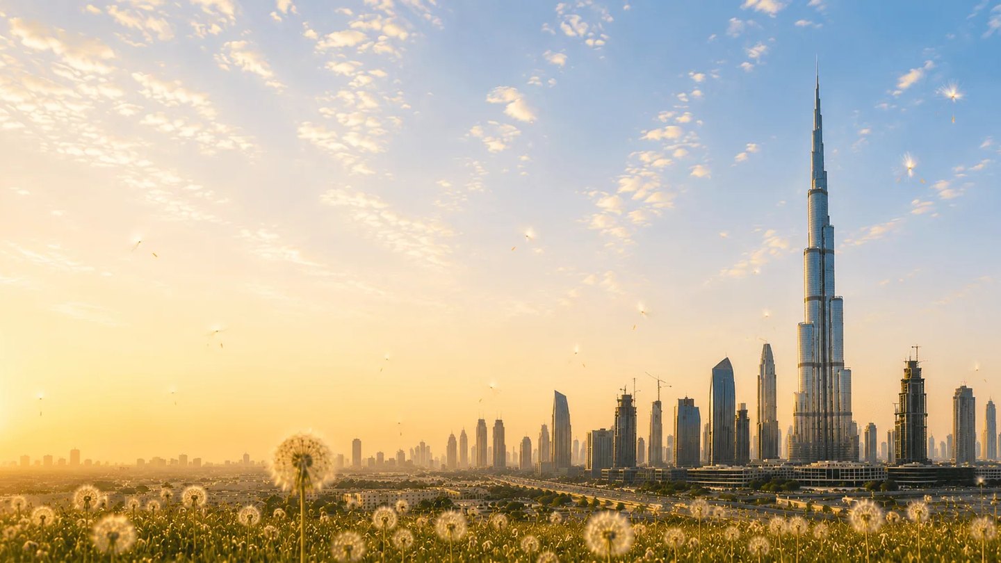 The Dubai skyline with the Burj Khalifa at sunrise and a dandelion in the foreground
